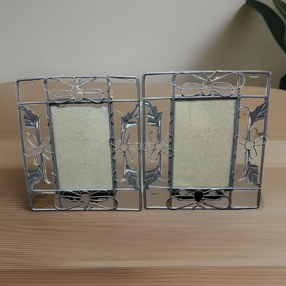 Pair Vintage Metal Wire Photo Frames Ornate Butterfly Floral Silver Tone Fairy